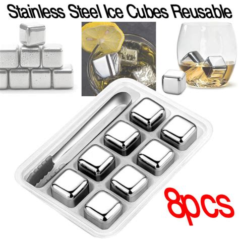 stainless steel ice cubes in black box with tongs|Reusable Ice Cubes Set of 8 Stainless Steel Stones with Storage .